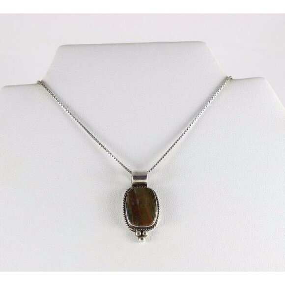 Sterling Silver Brown and Green Ocean Jasper Necklace 18 inch chain - Picture 4 of 5